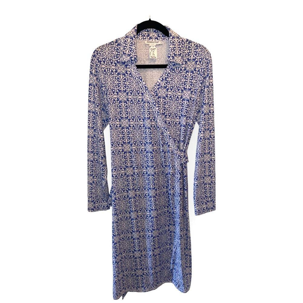 Pendleton Blue White Moroccan Damask Medallion Wrap Stretch Dress Size M EUC